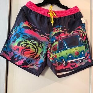 Boys Neon Tie-Dye Camper Swim Trunks - Black with Pink & Multicolor